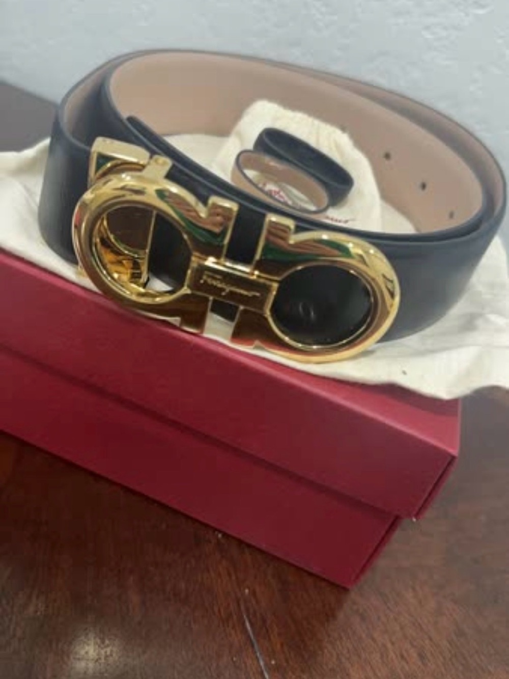 Salvatore Ferragamo Black Leather Belt with Gold Double-Gancini Buckle
